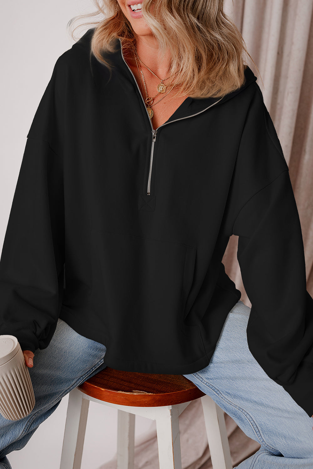 Kate Fleece Lined Half Zipper Kangaroo Pockets Loose Hoodie-3