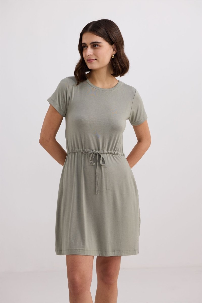 Drawstring Short T-shirt Dress in Light Olive - DCCXIV.store