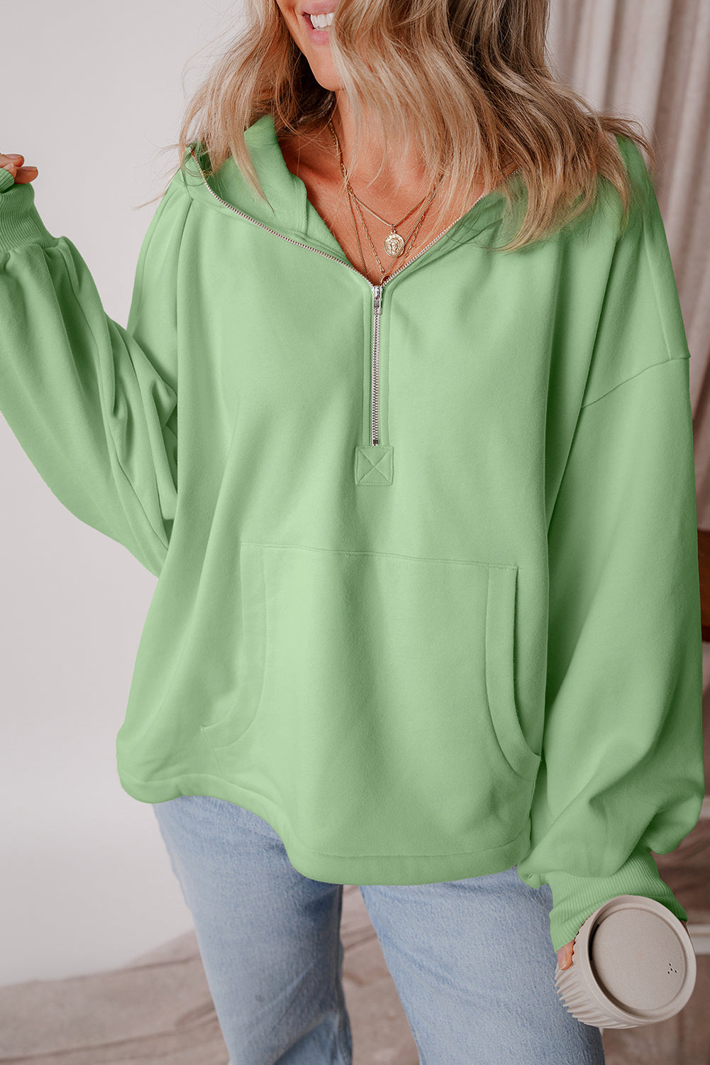 Kate Fleece Lined Half Zipper Kangaroo Pockets Loose Hoodie-7