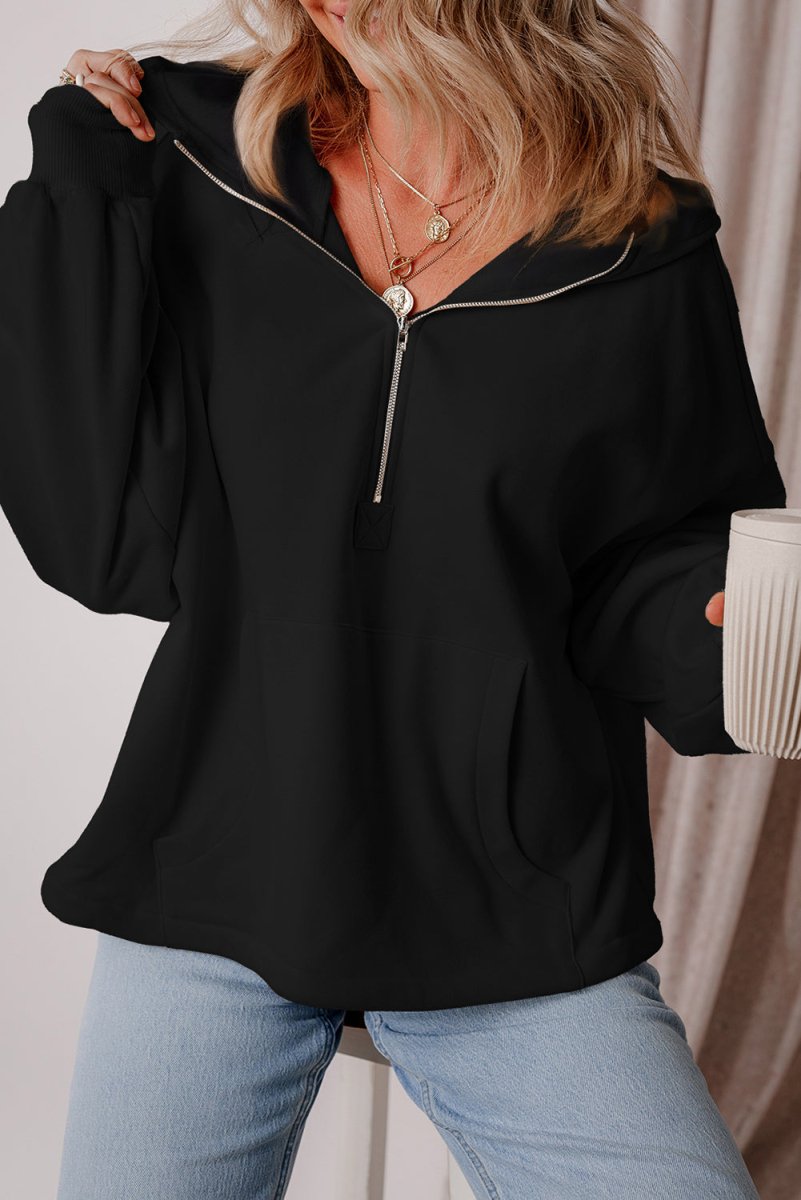 Kate Fleece Lined Half Zipper Kangaroo Pockets Loose Hoodie - DCCXIV.storeTops/Sweatshirts & Hoodies
