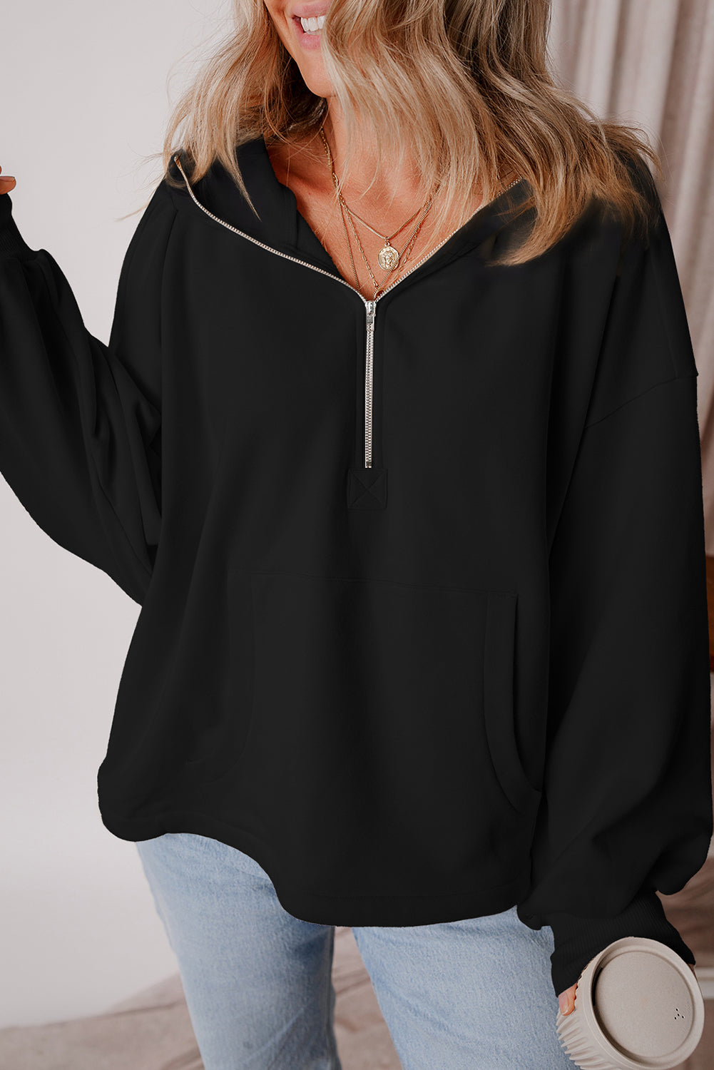 Kate Fleece Lined Half Zipper Kangaroo Pockets Loose Hoodie-4