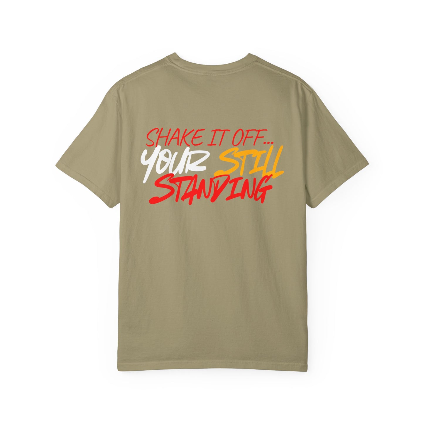 Khaki t-shirt with motivational text on the back against a white background