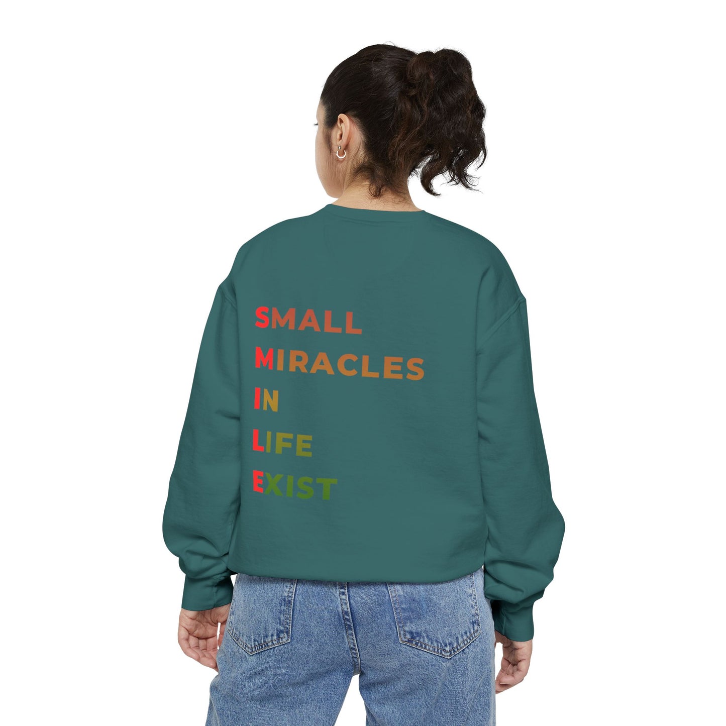 Sweatshirt — 'Small Miracles in Life Exist' Colorblock Smile Crewneck
