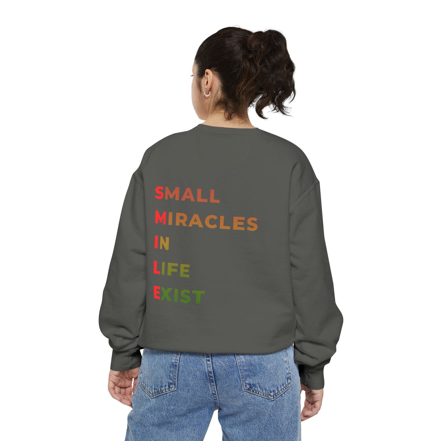 Sweatshirt — 'Small Miracles in Life Exist' Colorblock Smile Crewneck