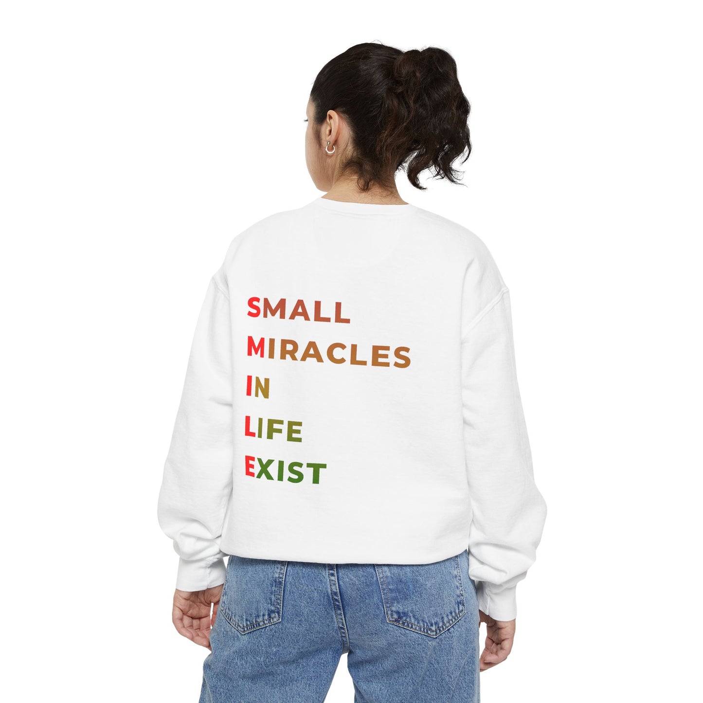 Sweatshirt — 'Small Miracles in Life Exist' Colorblock Smile Crewneck