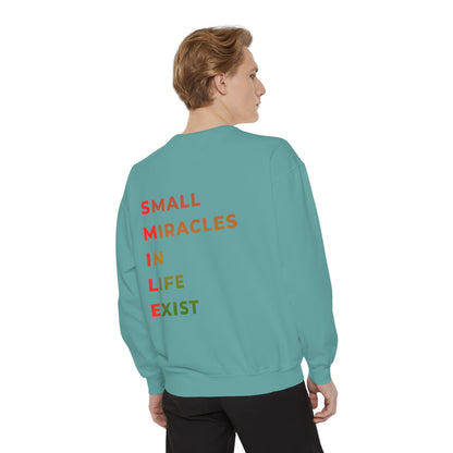 Sweatshirt — 'Small Miracles in Life Exist' Colorblock Smile Crewneck