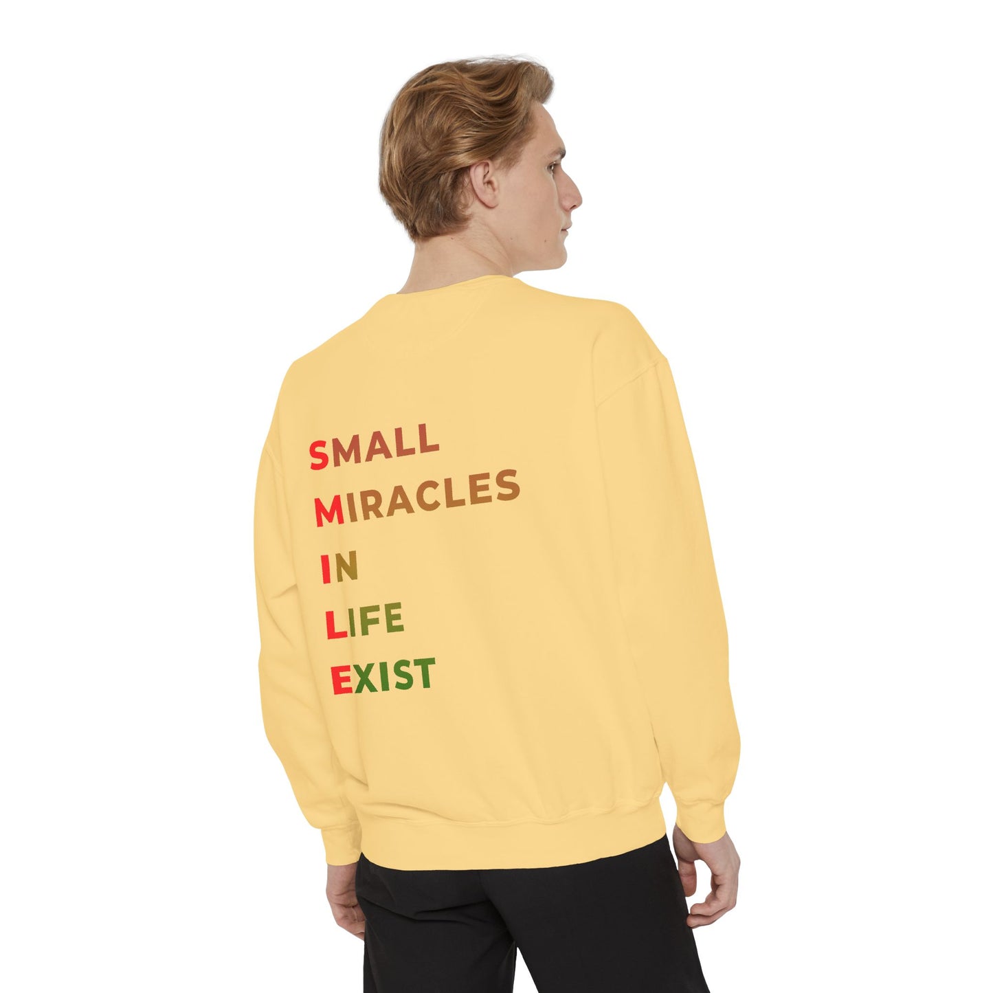 Sweatshirt — 'Small Miracles in Life Exist' Colorblock Smile Crewneck
