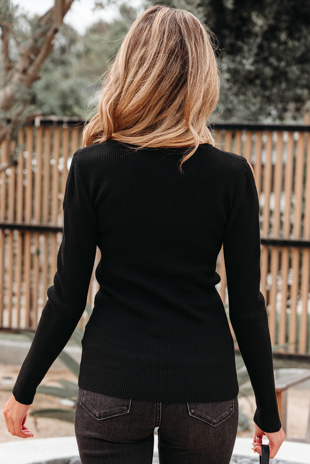 Amaya Ribbed Knit Cold Shoulder Sweater-1