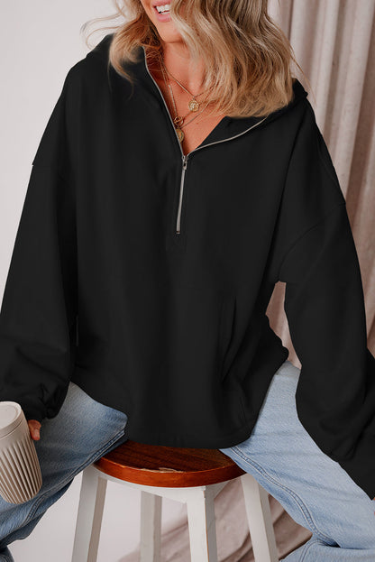 Kate Fleece Lined Half Zipper Kangaroo Pockets Loose Hoodie-3