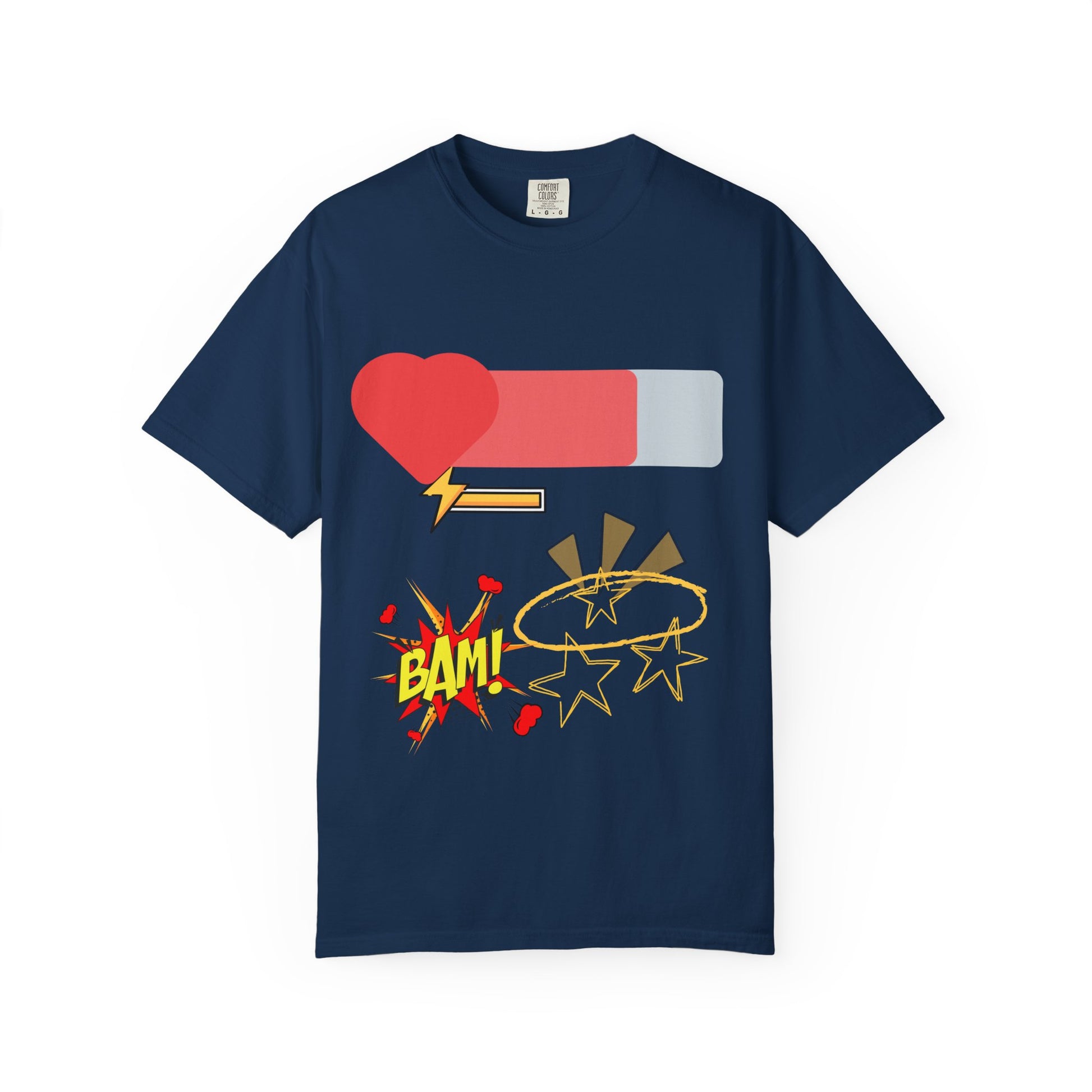 Navy blue t-shirt with colorful graphic design on a white background