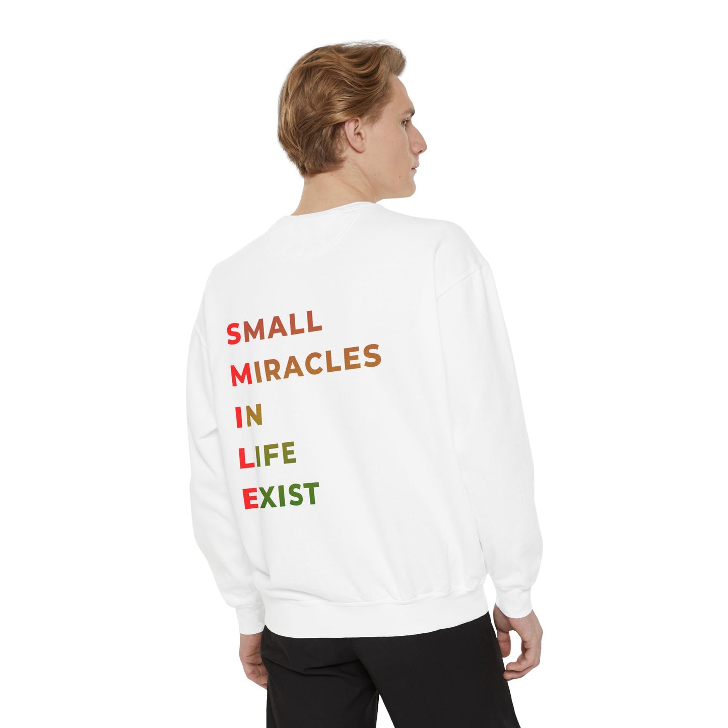 Sweatshirt — 'Small Miracles in Life Exist' Colorblock Smile Crewneck