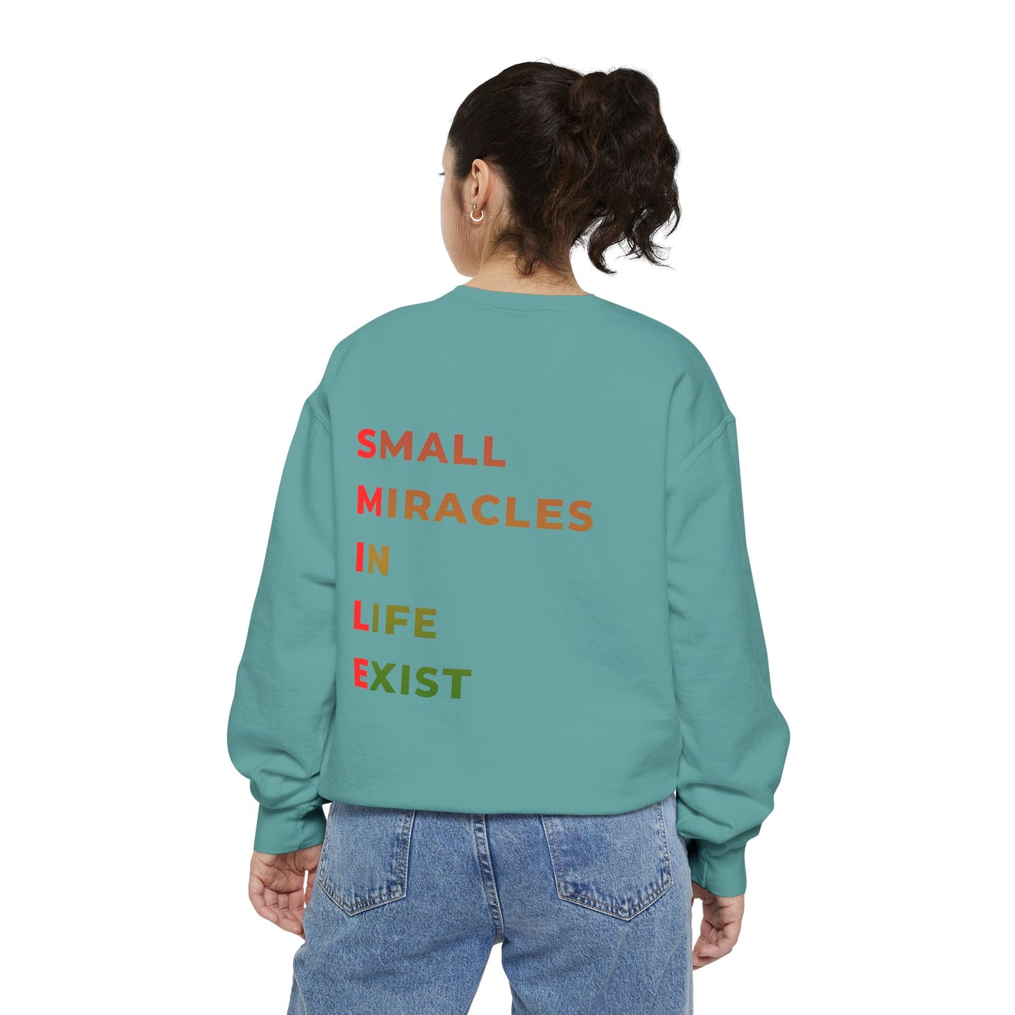 Sweatshirt — 'Small Miracles in Life Exist' Colorblock Smile Crewneck