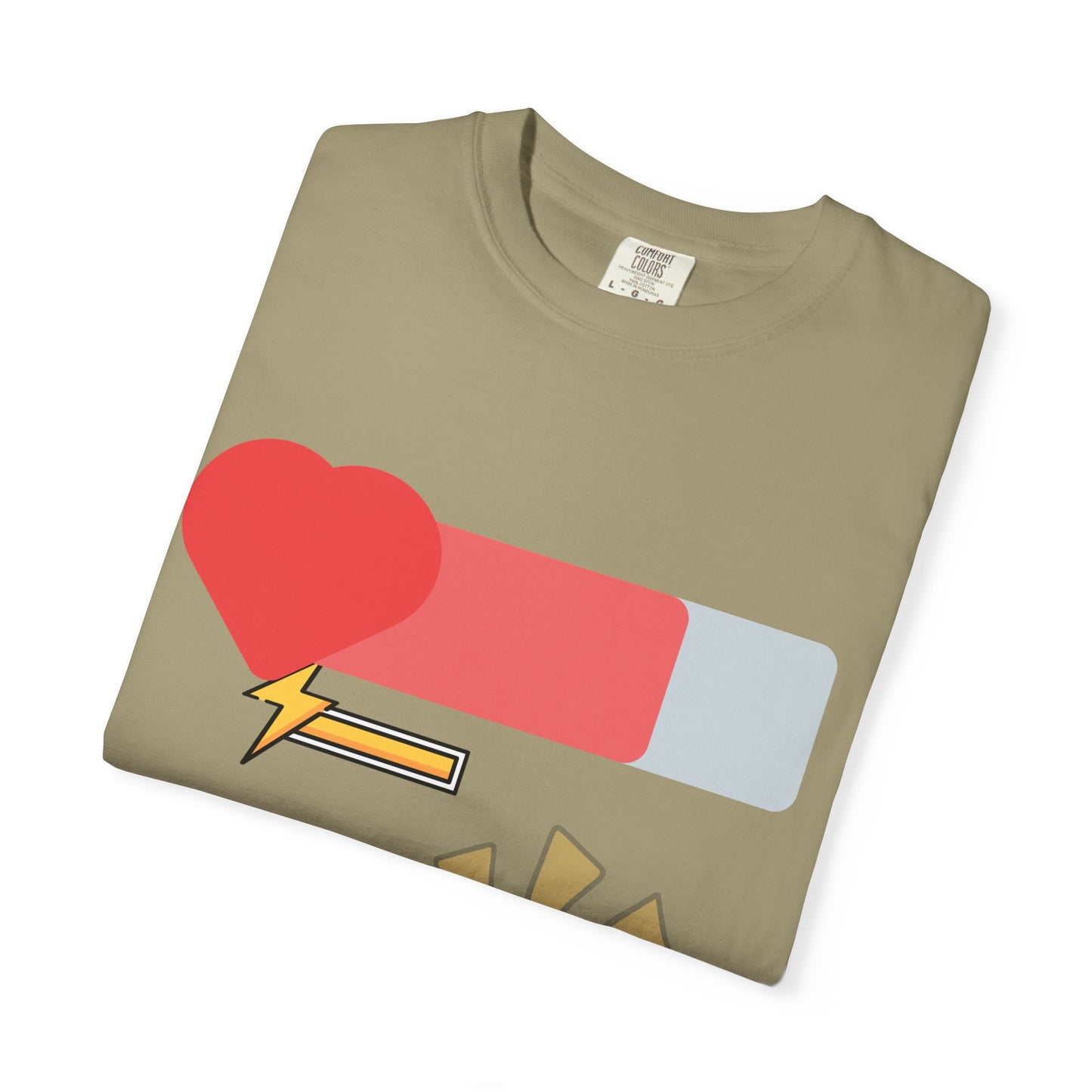 Folded khaki t-shirt with a graphic design on a white background