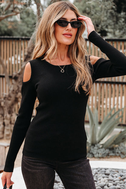 Amaya Ribbed Knit Cold Shoulder Sweater-3