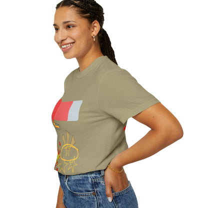 Woman wearing a green t-shirt with a colorful graphic design on a white background