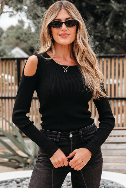 Amaya Ribbed Knit Cold Shoulder Sweater-0