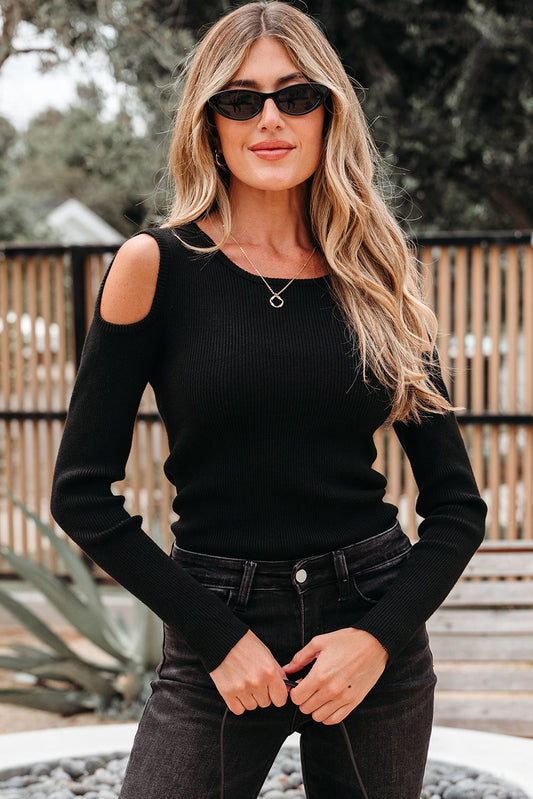 Amaya Ribbed Knit Cold Shoulder Sweater-0