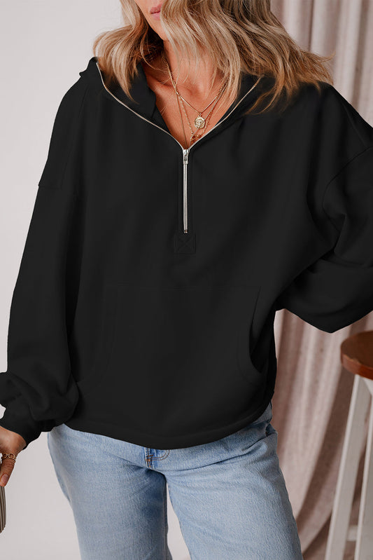 Kate Fleece Lined Half Zipper Kangaroo Pockets Loose Hoodie-0