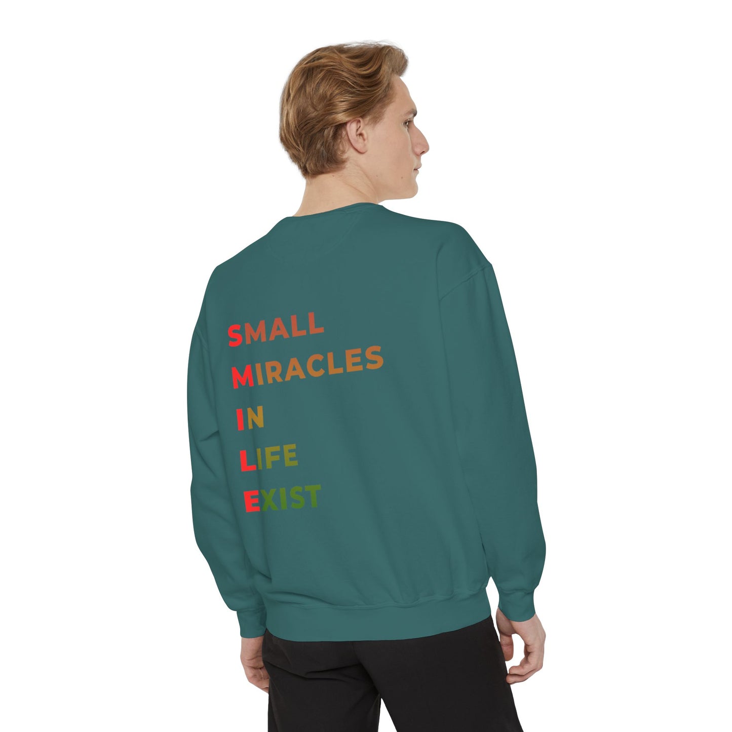 Sweatshirt — 'Small Miracles in Life Exist' Colorblock Smile Crewneck