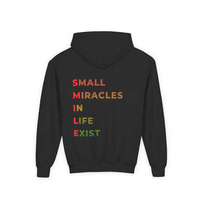 Youth Hoodie - 'Smile: Small Miracles In Life Exist' Positive Graphic Hoodie