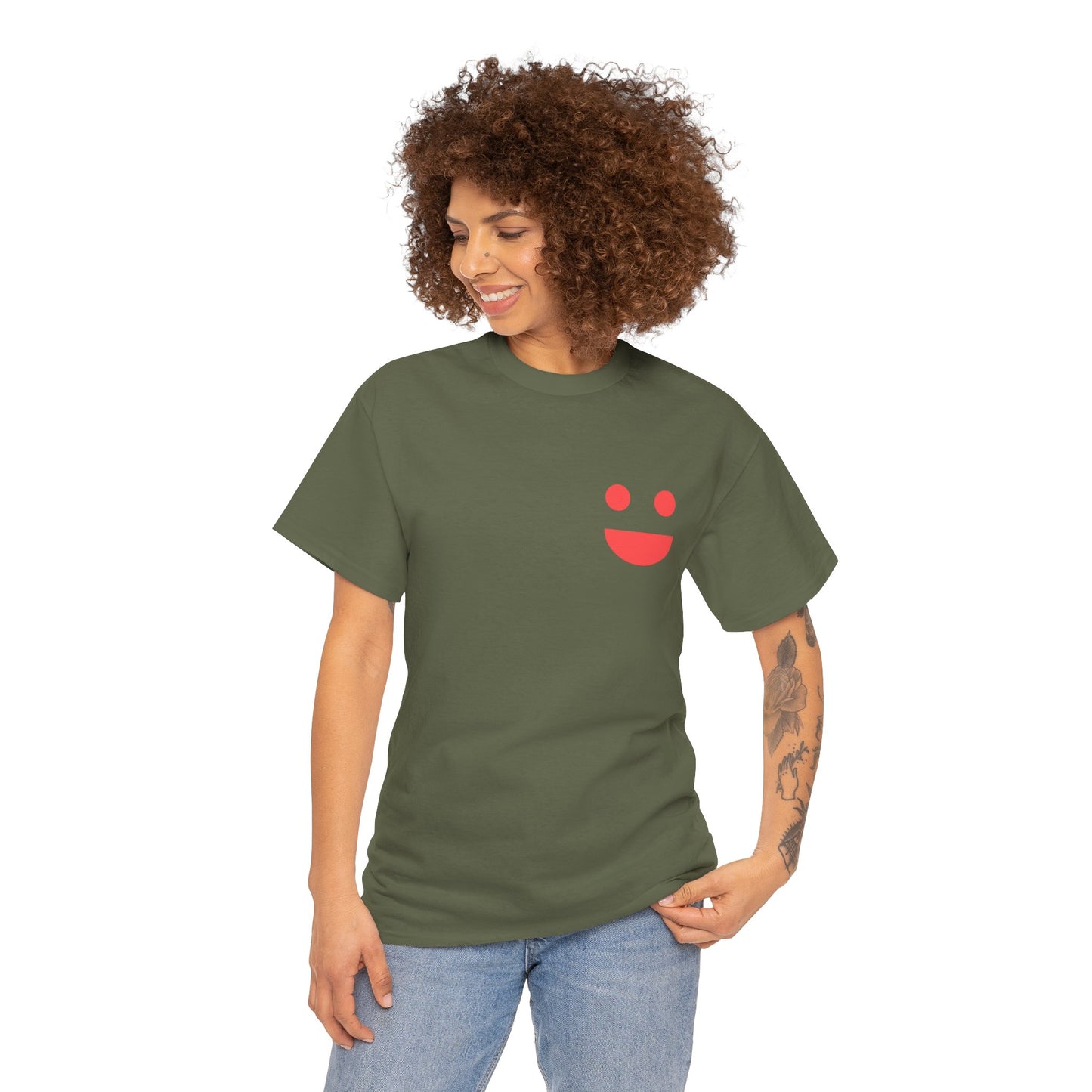 T-Shirt — “SMILE” Small Miracles In Life Exist Back Print, Minimal Smile Front