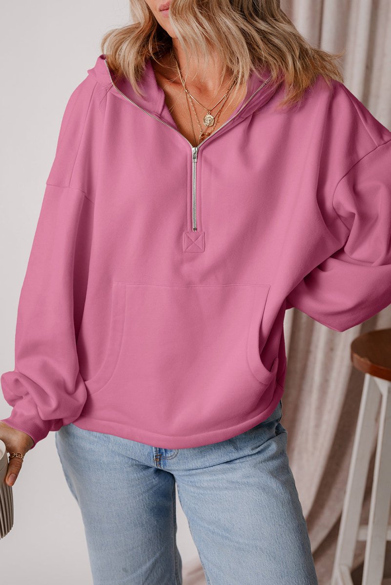 Kate Fleece Lined Half Zipper Kangaroo Pockets Loose Hoodie - DCCXIV.storeTops/Sweatshirts & Hoodies