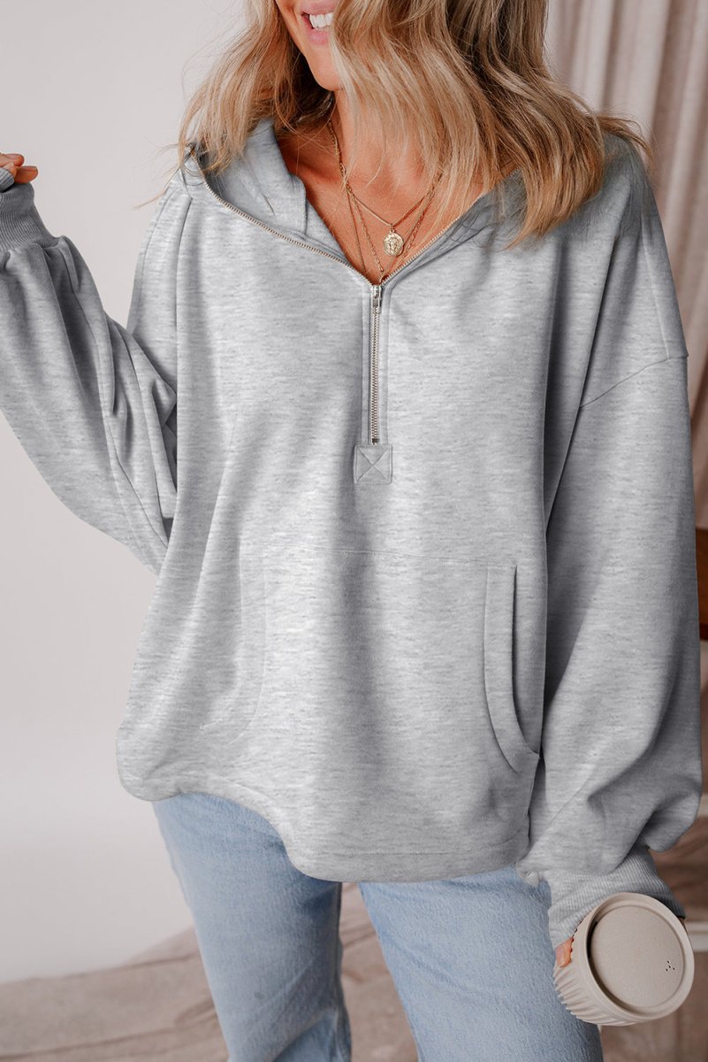 Kate Fleece Lined Half Zipper Kangaroo Pockets Loose Hoodie - DCCXIV.storeTops/Sweatshirts & Hoodies