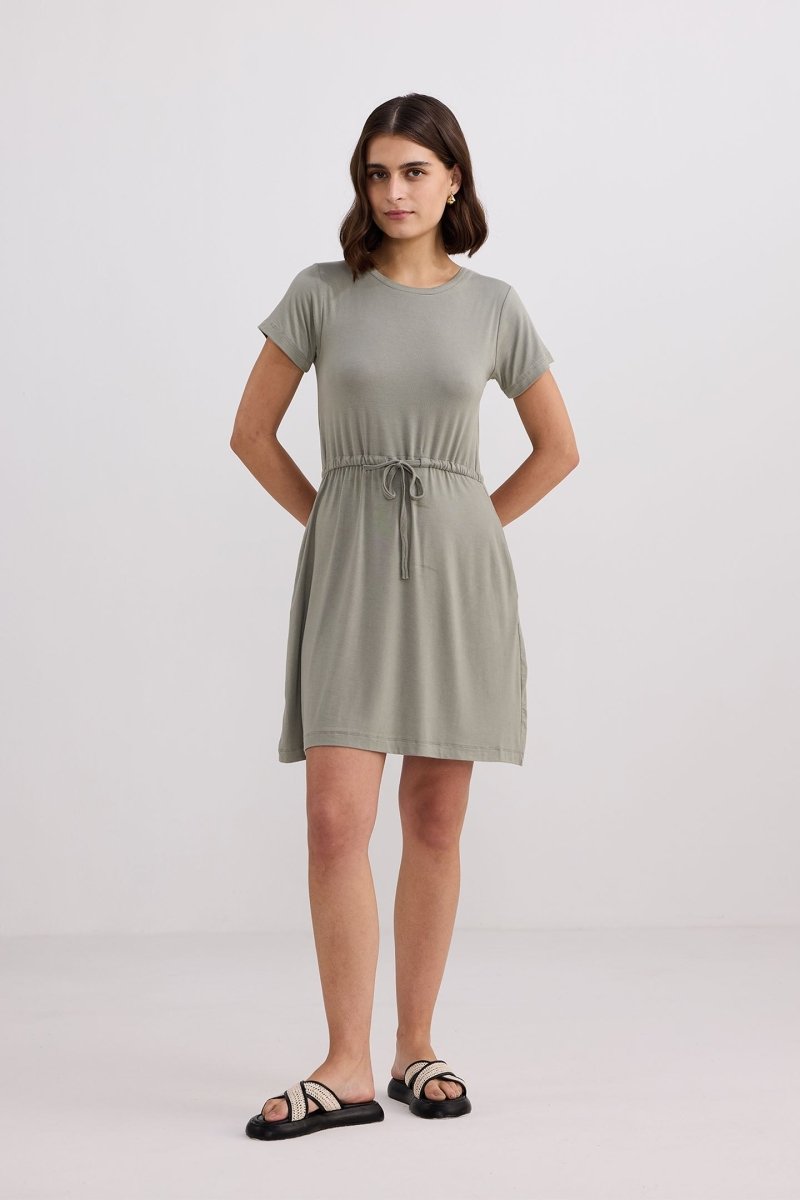 Drawstring Short T-shirt Dress in Light Olive - DCCXIV.store