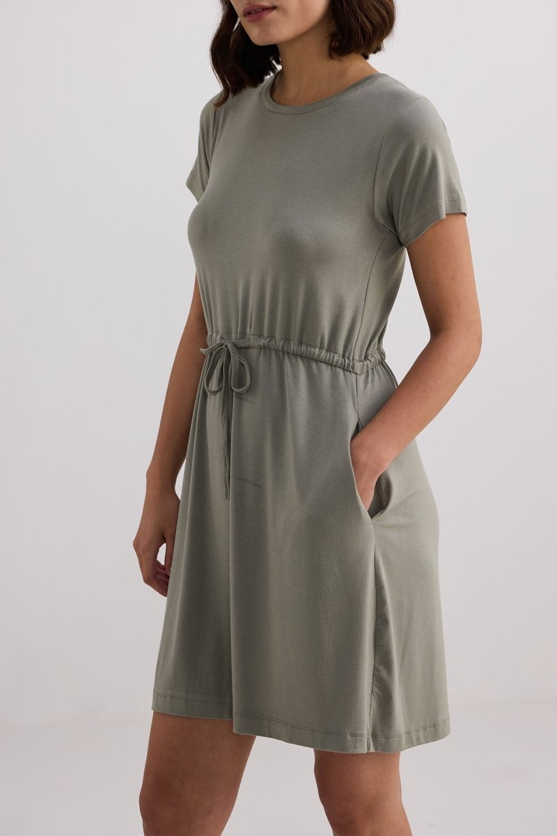 Drawstring Short T-shirt Dress in Light Olive - DCCXIV.store