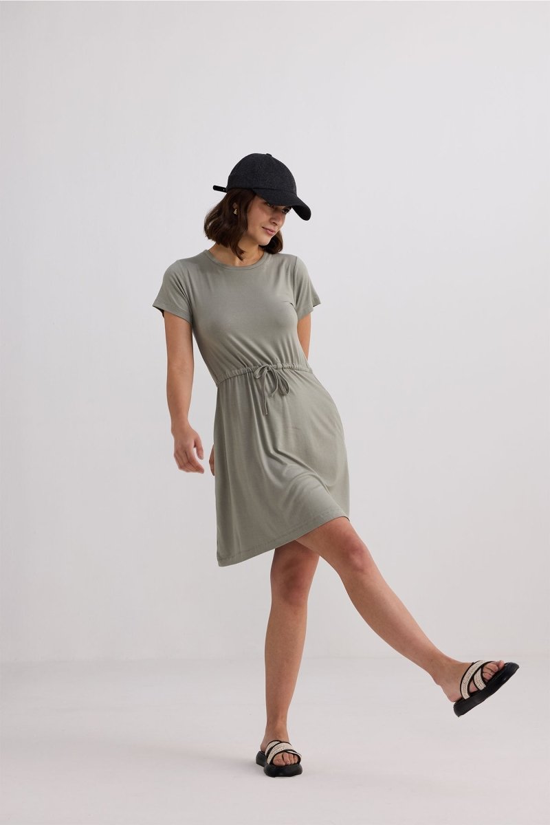 Drawstring Short T-shirt Dress in Light Olive - DCCXIV.store