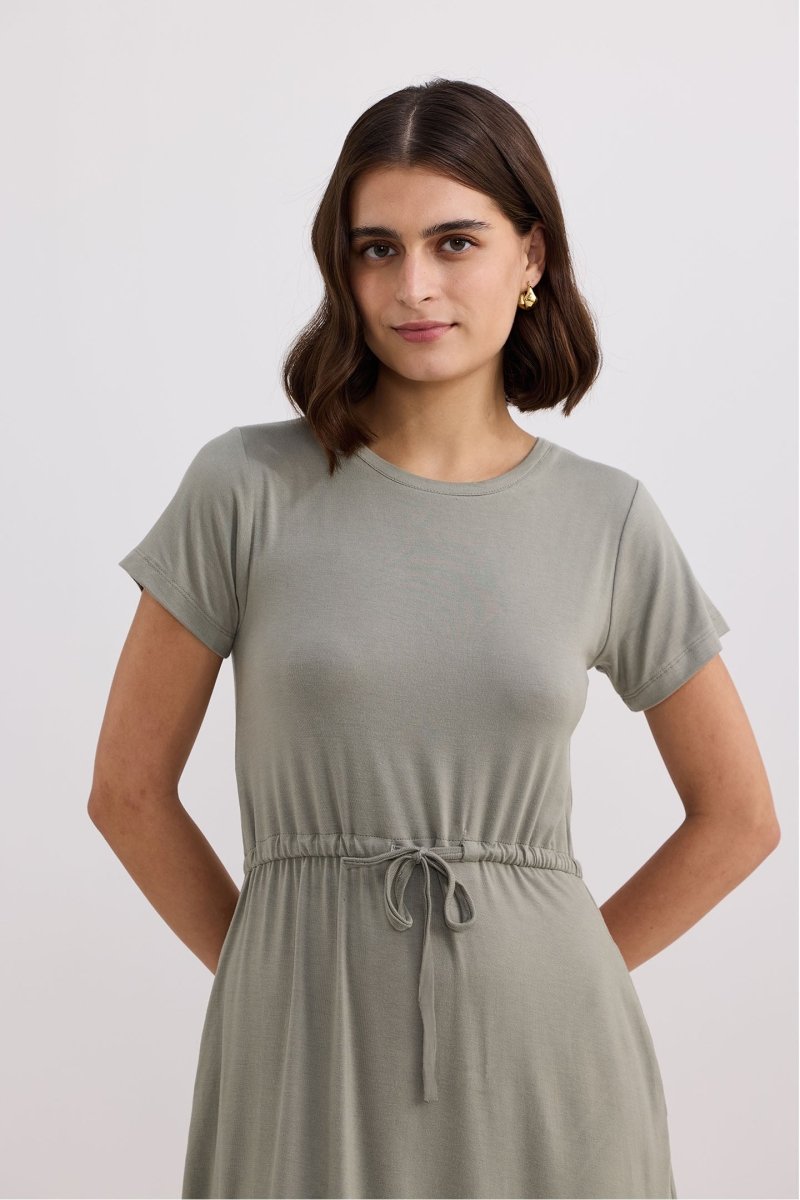 Drawstring Short T-shirt Dress in Light Olive - DCCXIV.store