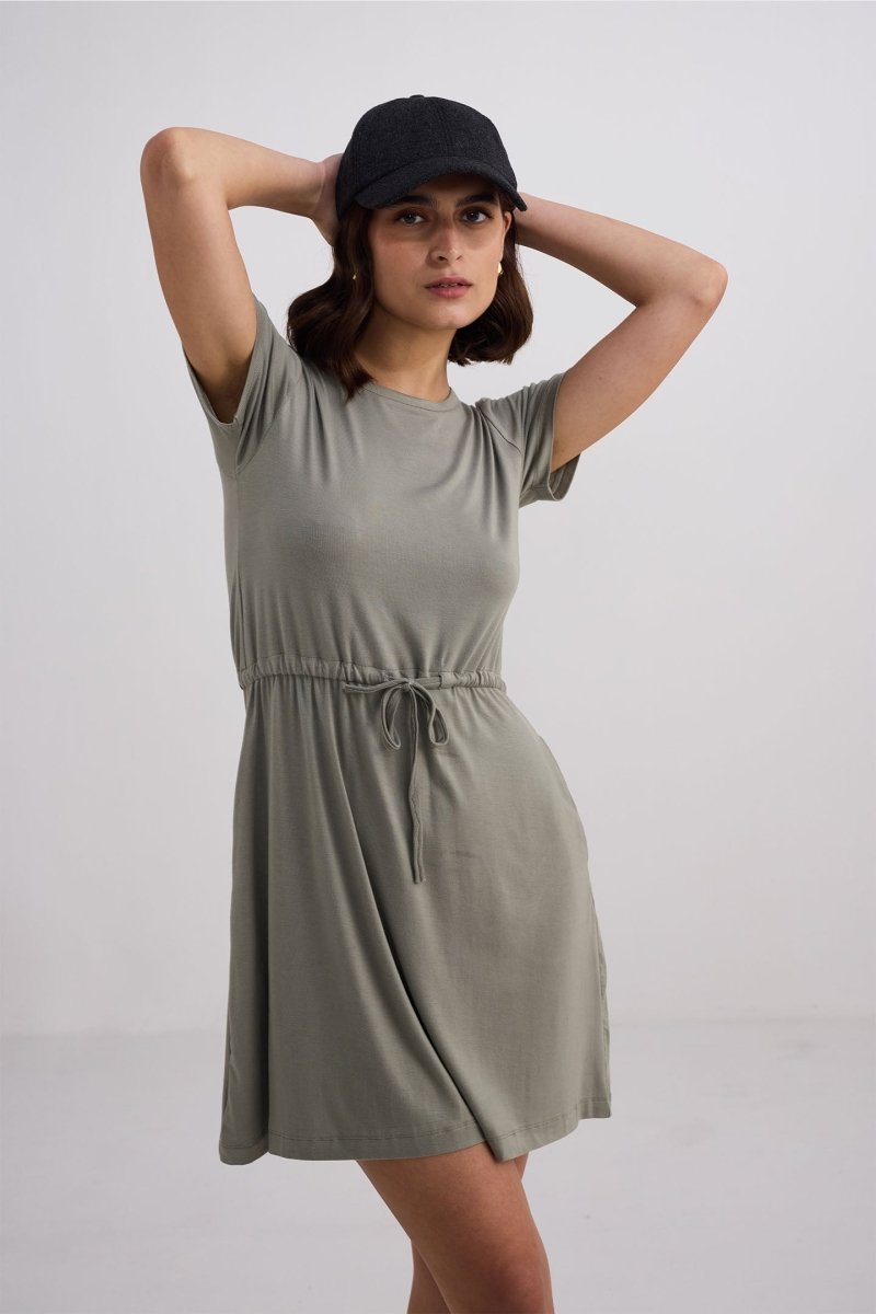 Drawstring Short T-shirt Dress in Light Olive - DCCXIV.store