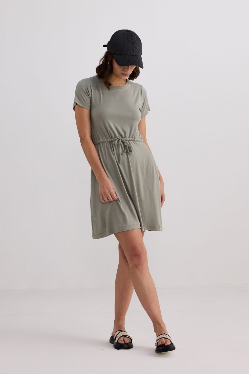 Drawstring Short T-shirt Dress in Light Olive - DCCXIV.store