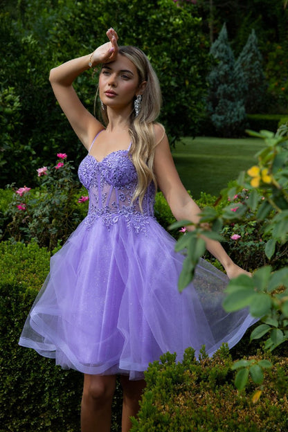 Floral Embroidery Embellished Glitter Mesh Sweetheart Neckline A - Line Homecoming Dress - DCCXIV.storeDamas/Short