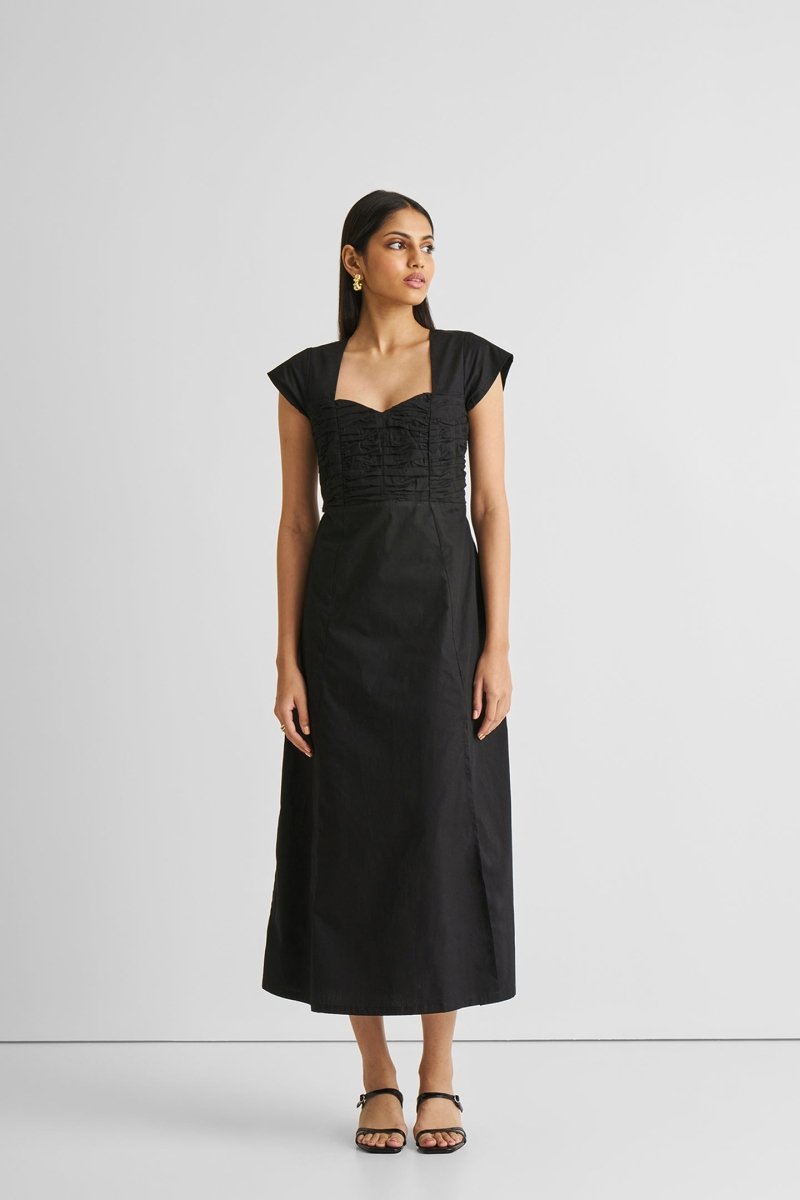 Ruched Dress with Front Slit in Black - DCCXIV.store