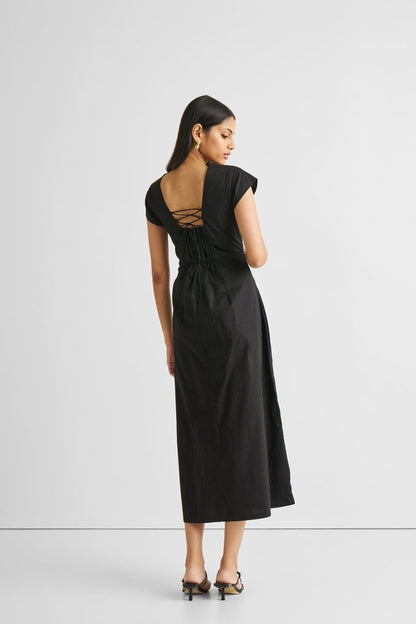 Ruched Dress with Front Slit in Black - DCCXIV.store