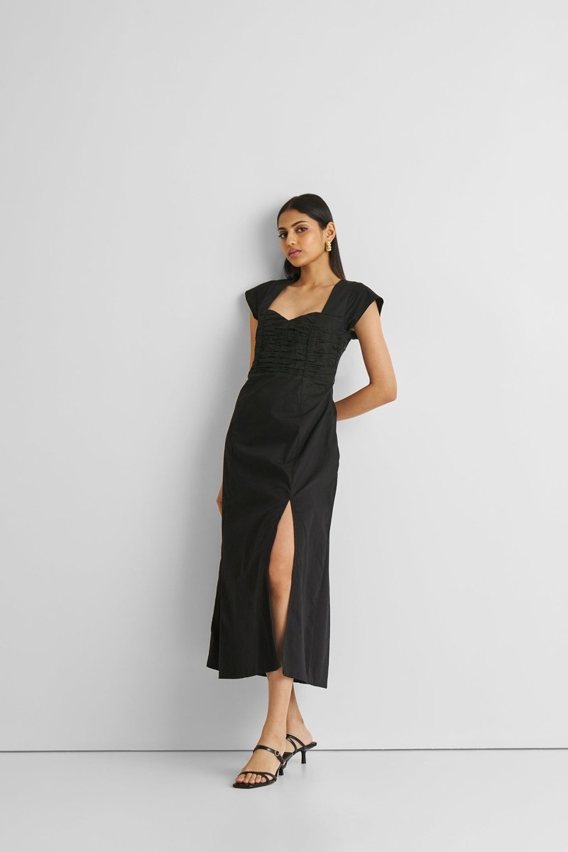 Ruched Dress with Front Slit in Black - DCCXIV.store