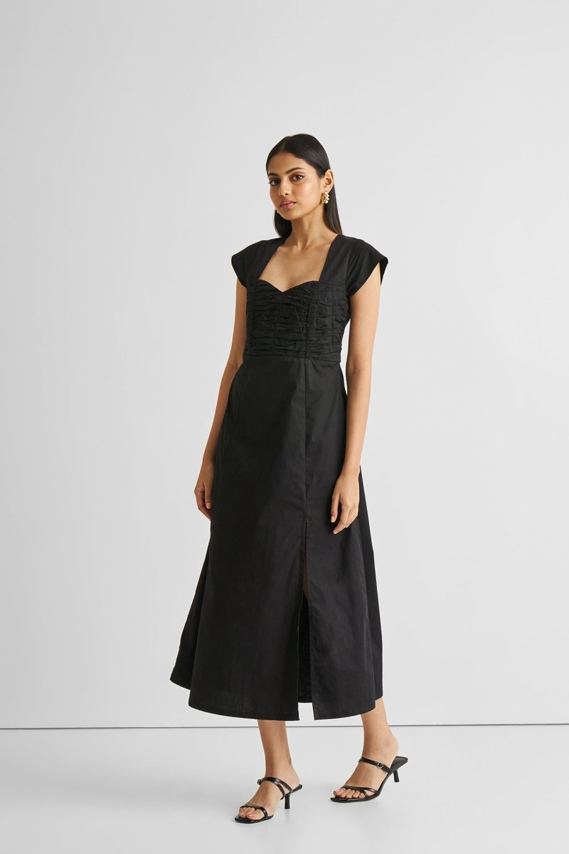 Ruched Dress with Front Slit in Black - DCCXIV.store