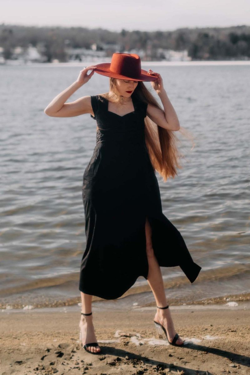 Ruched Dress with Front Slit in Black - DCCXIV.store