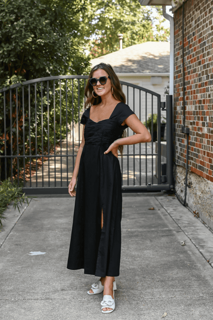 Ruched Dress with Front Slit in Black - DCCXIV.store