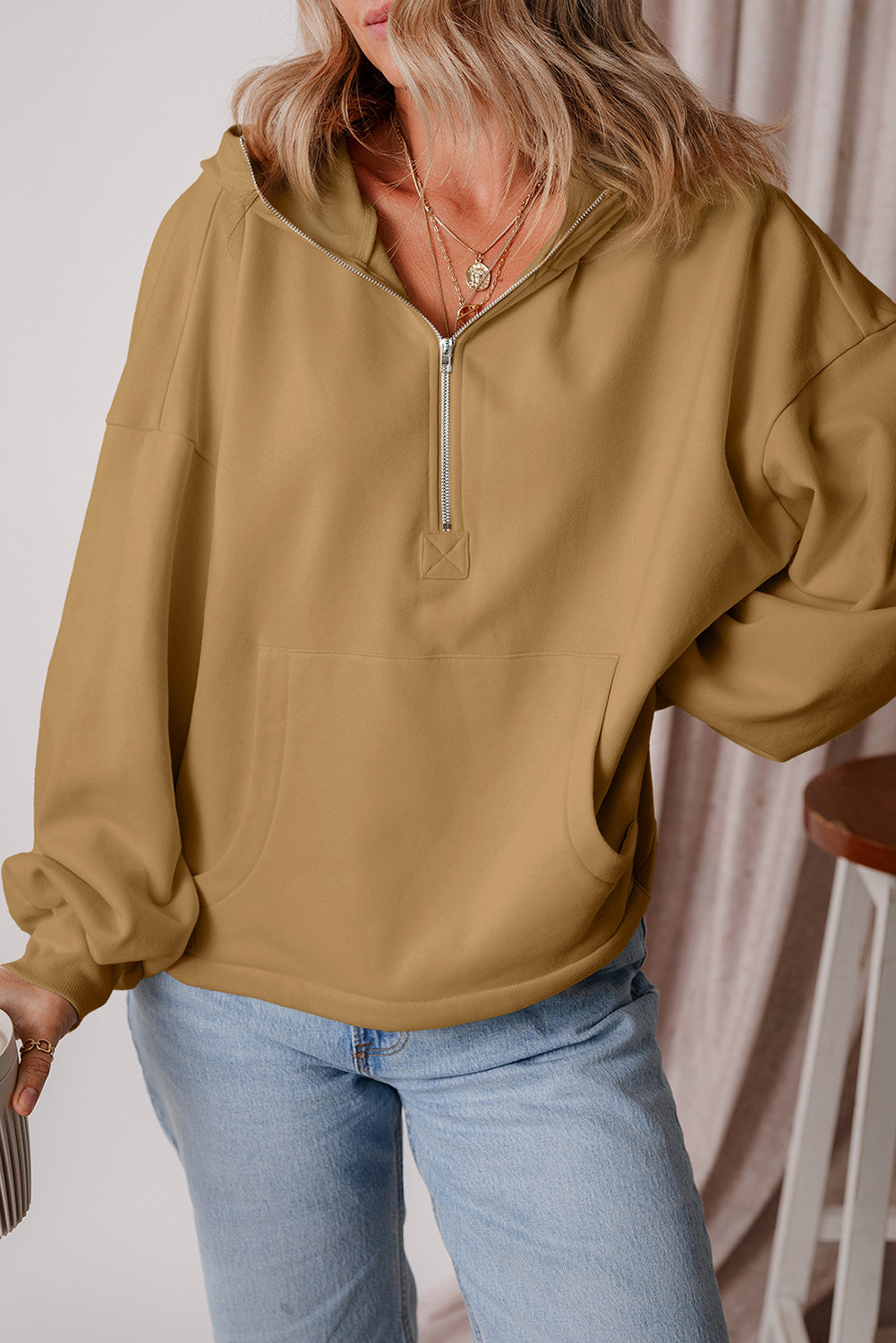 Kate Fleece Lined Half Zipper Kangaroo Pockets Loose Hoodie-12